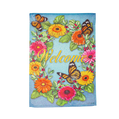 Gerbera Butterflies Suede Garden Flag with sunflowers and butterflies turquoise background on Tampa Home & Garden Store