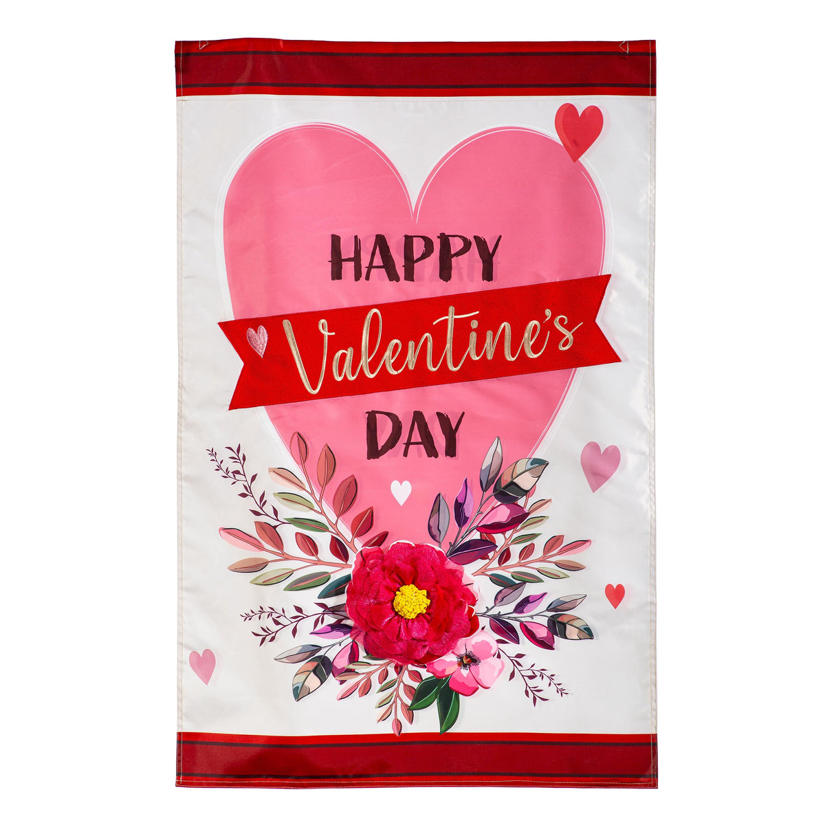 Valentine's Day heart and floral applique house flag with pink heart and red border Evergreen on Tampa Home & Garden Store