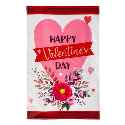 Valentine's Day heart and floral applique house flag with pink heart and red border Evergreen on Tampa Home & Garden Store