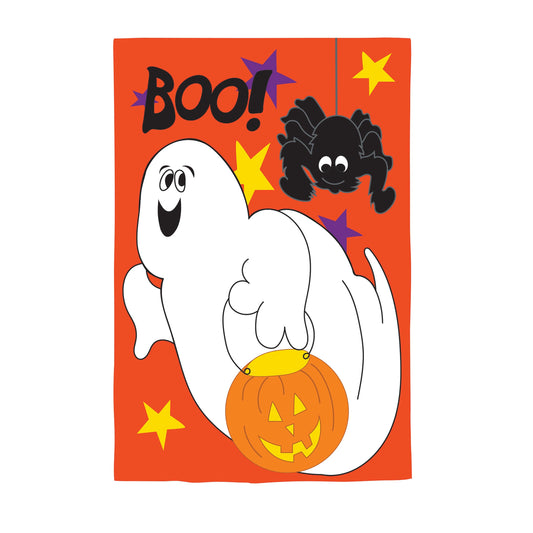 Boo Buds Applique Garden Flag with white ghost, black spider, and pumpkins on orange background on Tampa Home & Garden Store