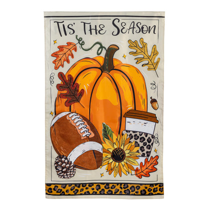 Tis' The Season Fall Applique House Flag with a large pumpkin, autumn leaves, sunflowers, and leopard print border on Tampa Home & Garden Store