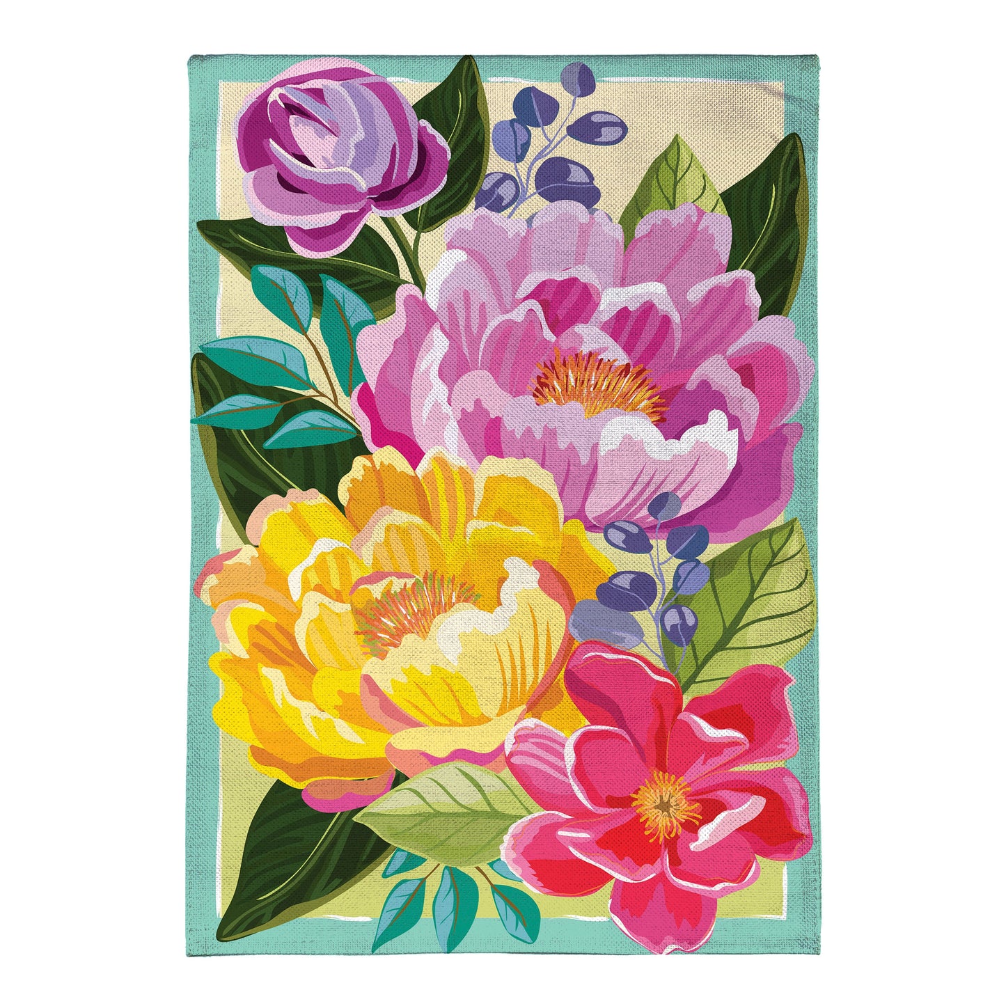 Floral Burst Burlap Garden Flag pink purple yellow blooms on teal burlap on Tampa Home & Garden Store