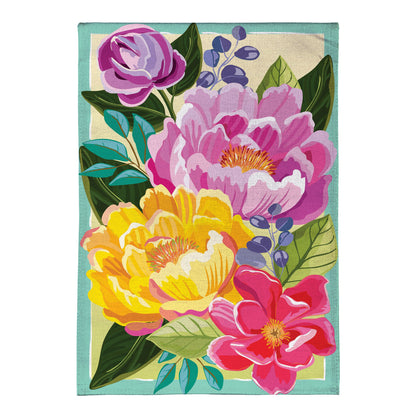 Floral Burst Burlap Garden Flag pink purple yellow blooms on teal burlap on Tampa Home & Garden Store