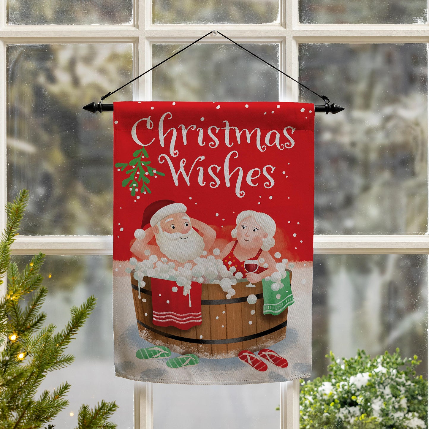 Christmas Wishes Suede Garden Flag red with Santa Evergreen Enterprises flag accessory on Tampa Home & Garden Store