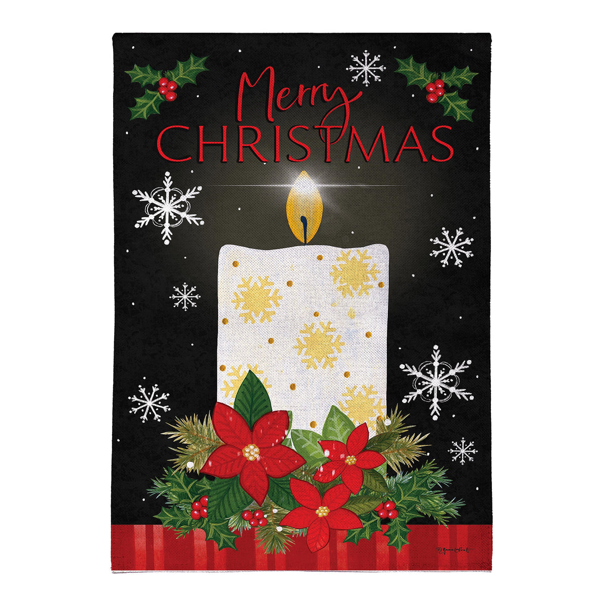 Merry Christmas Burlap Flag with holly and red berries on black background by Evergreen on Tampa Home & Garden Store