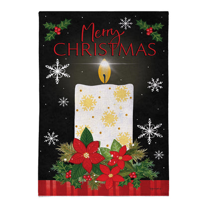 Merry Christmas Burlap Flag with holly and red berries on black background by Evergreen on Tampa Home & Garden Store
