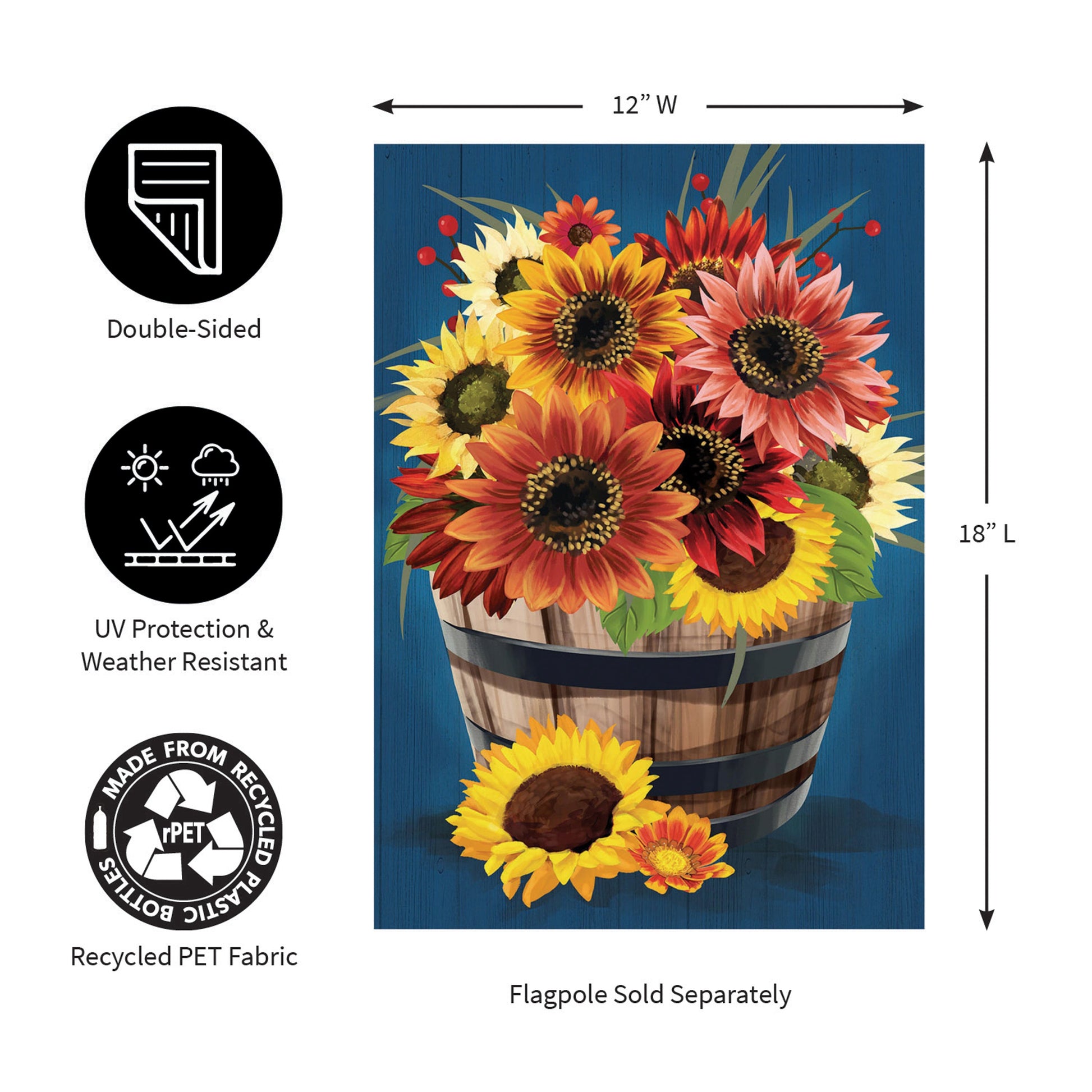 Barrel Of Blooms & Pumpkins Burlap Flag sunflowers in a wooden barrel planter against blue wood on Tampa Home & Garden Store