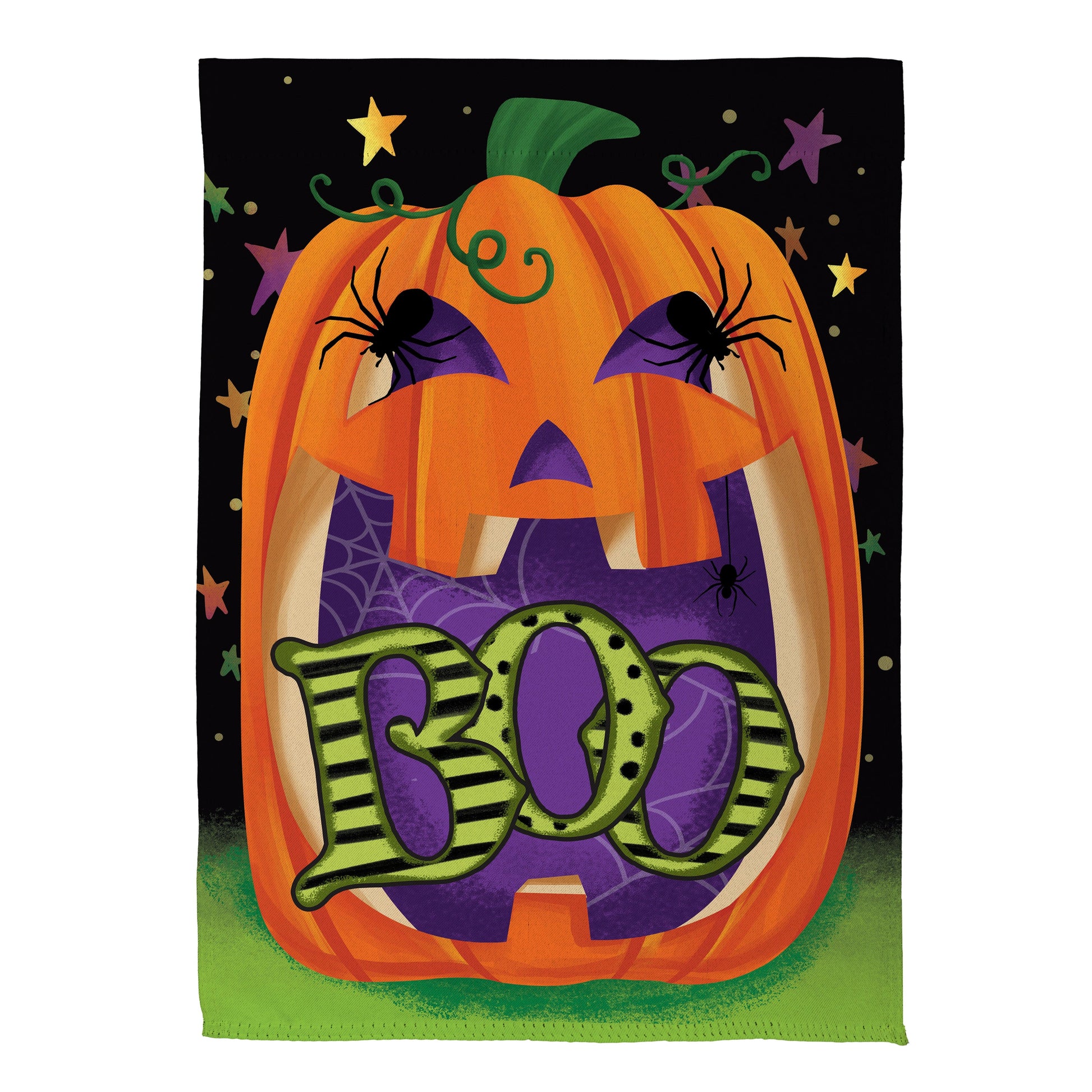 Boo Jack Pumpkin Suede House Flag with orange pumpkin and green vines on black night sky on Tampa Home & Garden Store