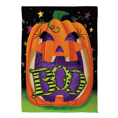 Boo Jack Pumpkin Suede House Flag with orange pumpkin and green vines on black night sky on Tampa Home & Garden Store