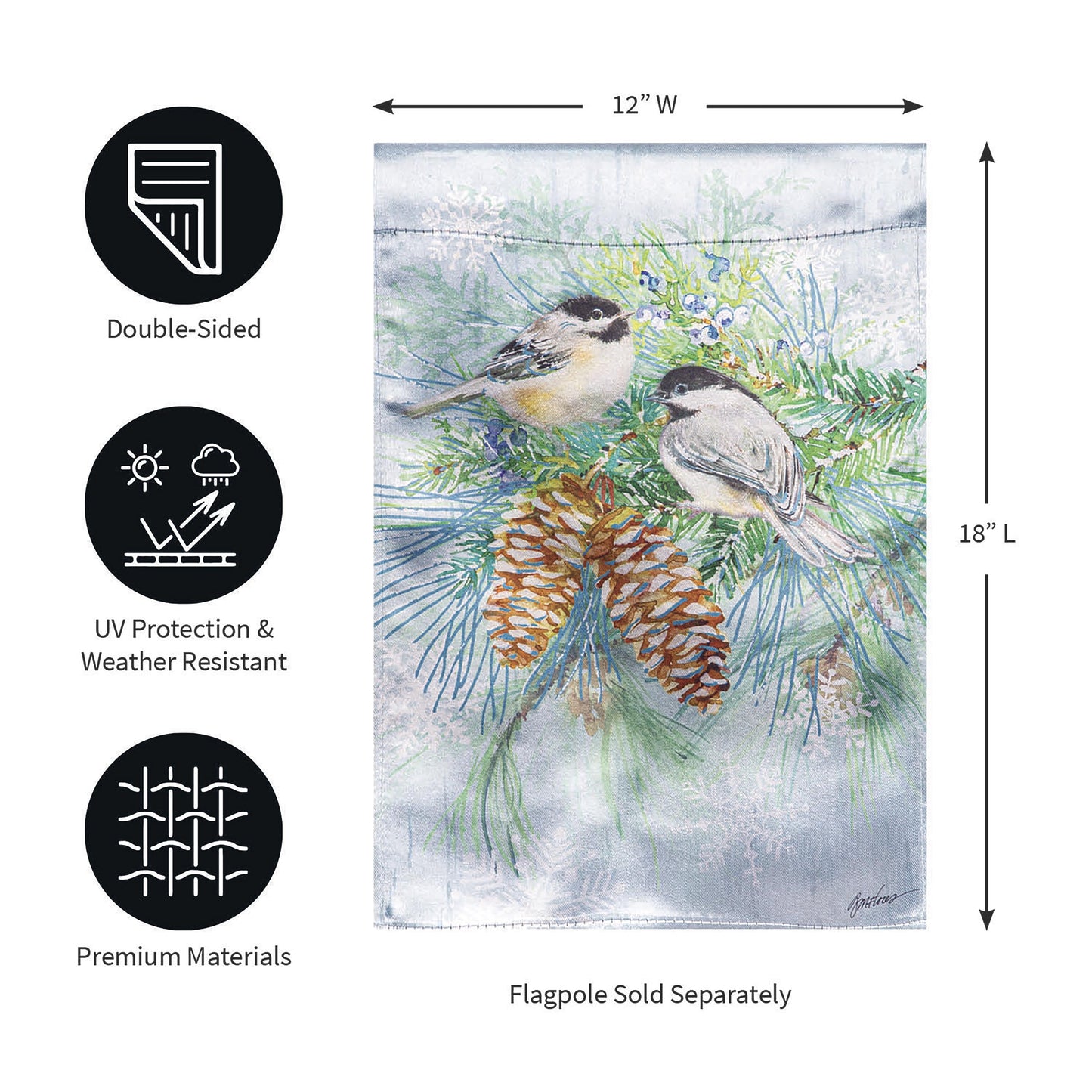 Winter Frost Lustre Garden Flag by Evergreen Enterprises, 12W x 18L, double-sided on Tampa Home & Garden Store