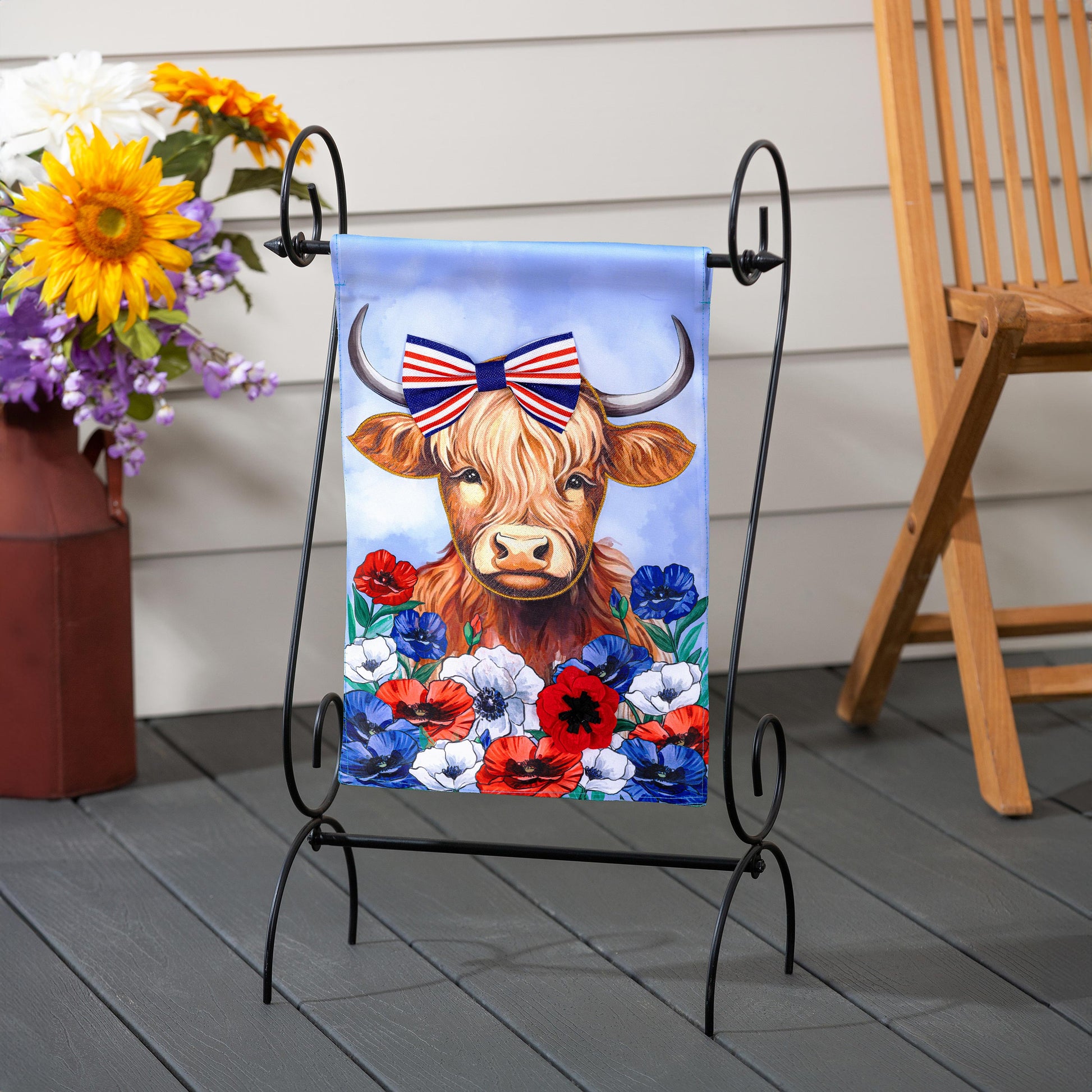 Patriotic Highland Cow applique garden flag by Evergreen Enterprises on blue flag with bow on Tampa Home & Garden Store