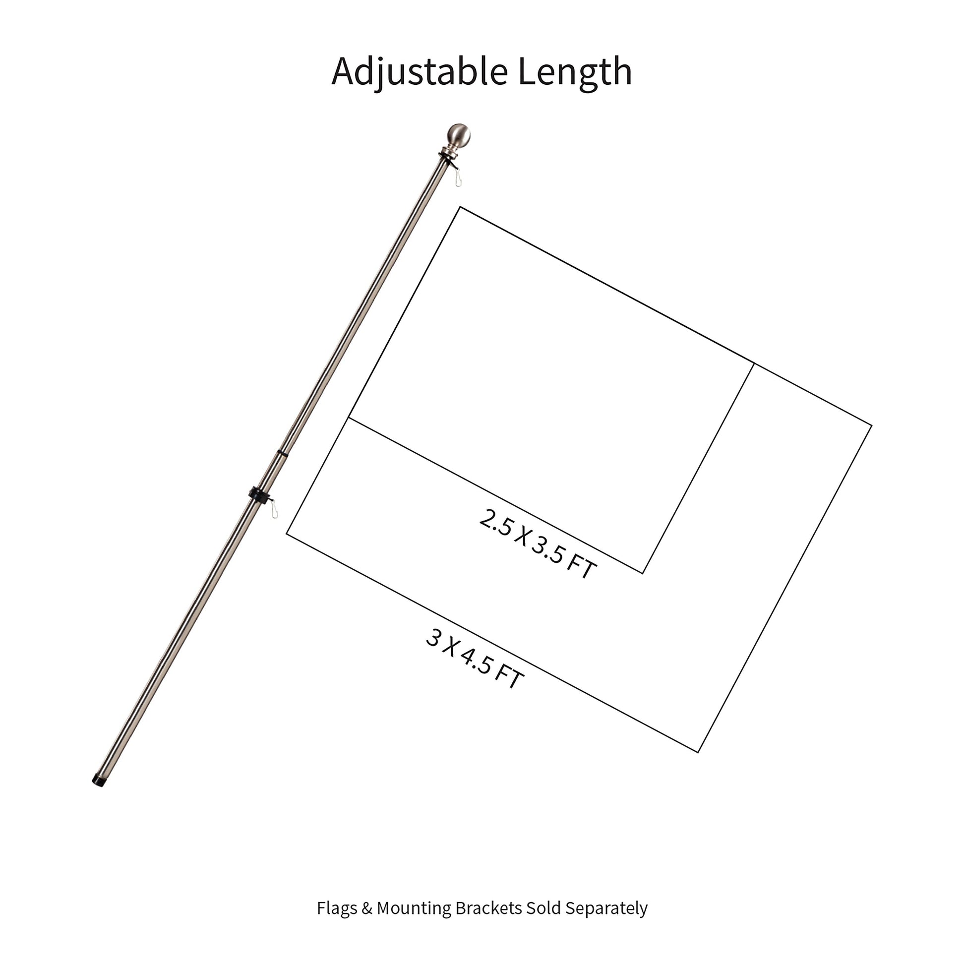 Extendable metal house flag pole silver finish with adjustable length on Tampa Home & Garden Store