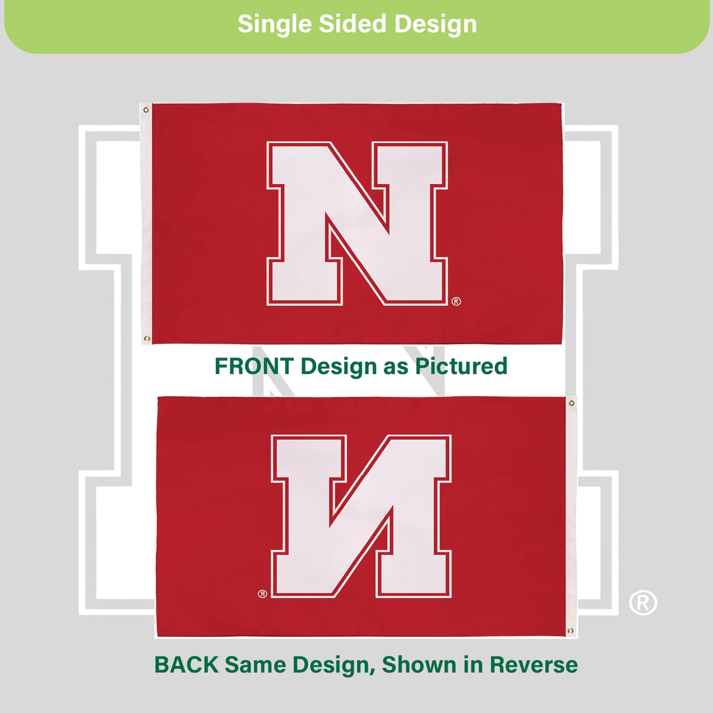 University of Nebraska single-sided estate flag with white N on red, 3x5 ft, 2 grommets on Tampa Home & Garden Store