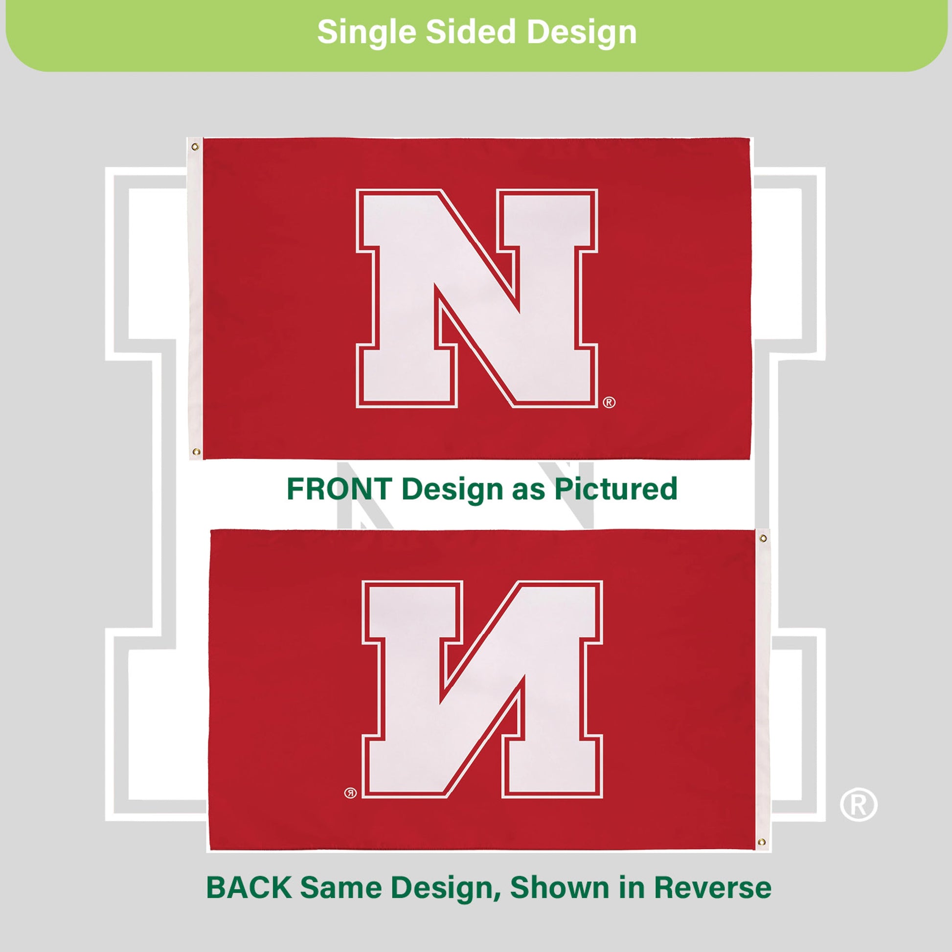 University of Nebraska single-sided estate flag with white N on red, 3x5 ft, 2 grommets on Tampa Home & Garden Store