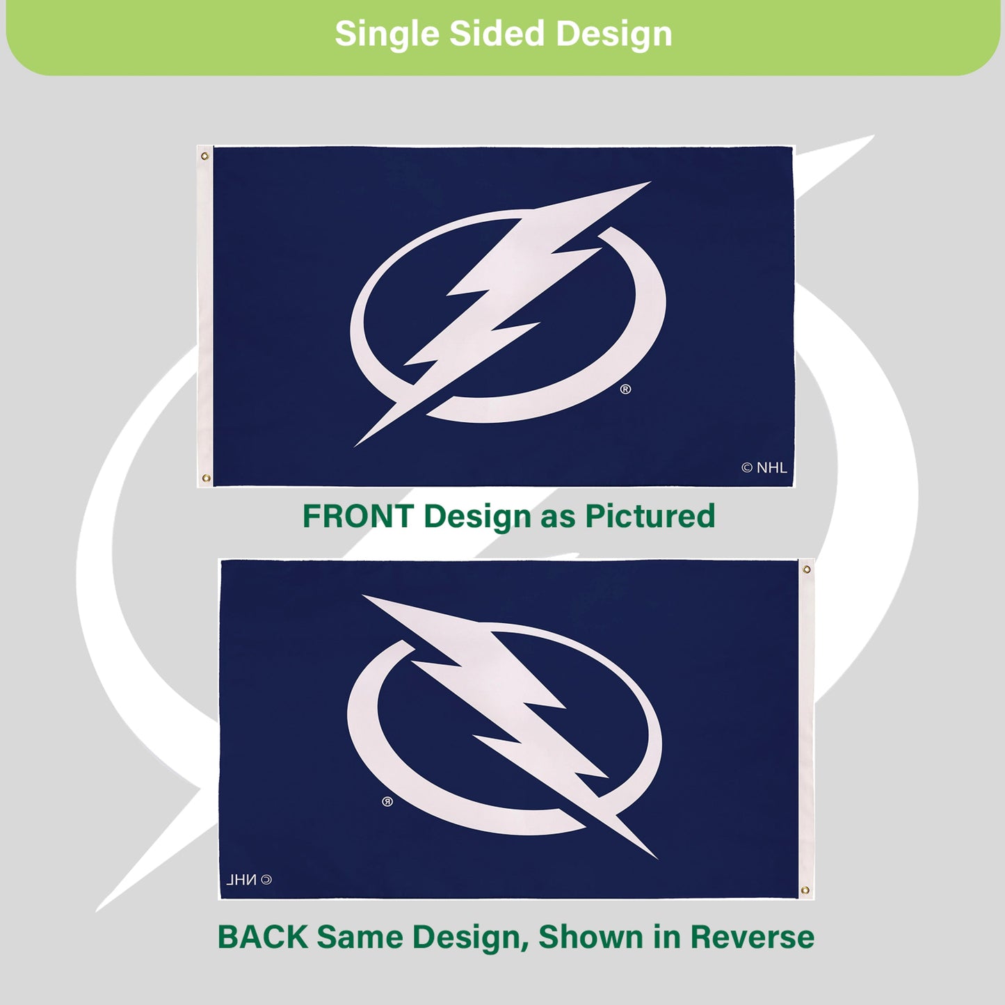 Tampa Bay Lightning single-sided flag 3x5 with 2 grommets dark blue with white bolt logo on Tampa Home & Garden Store