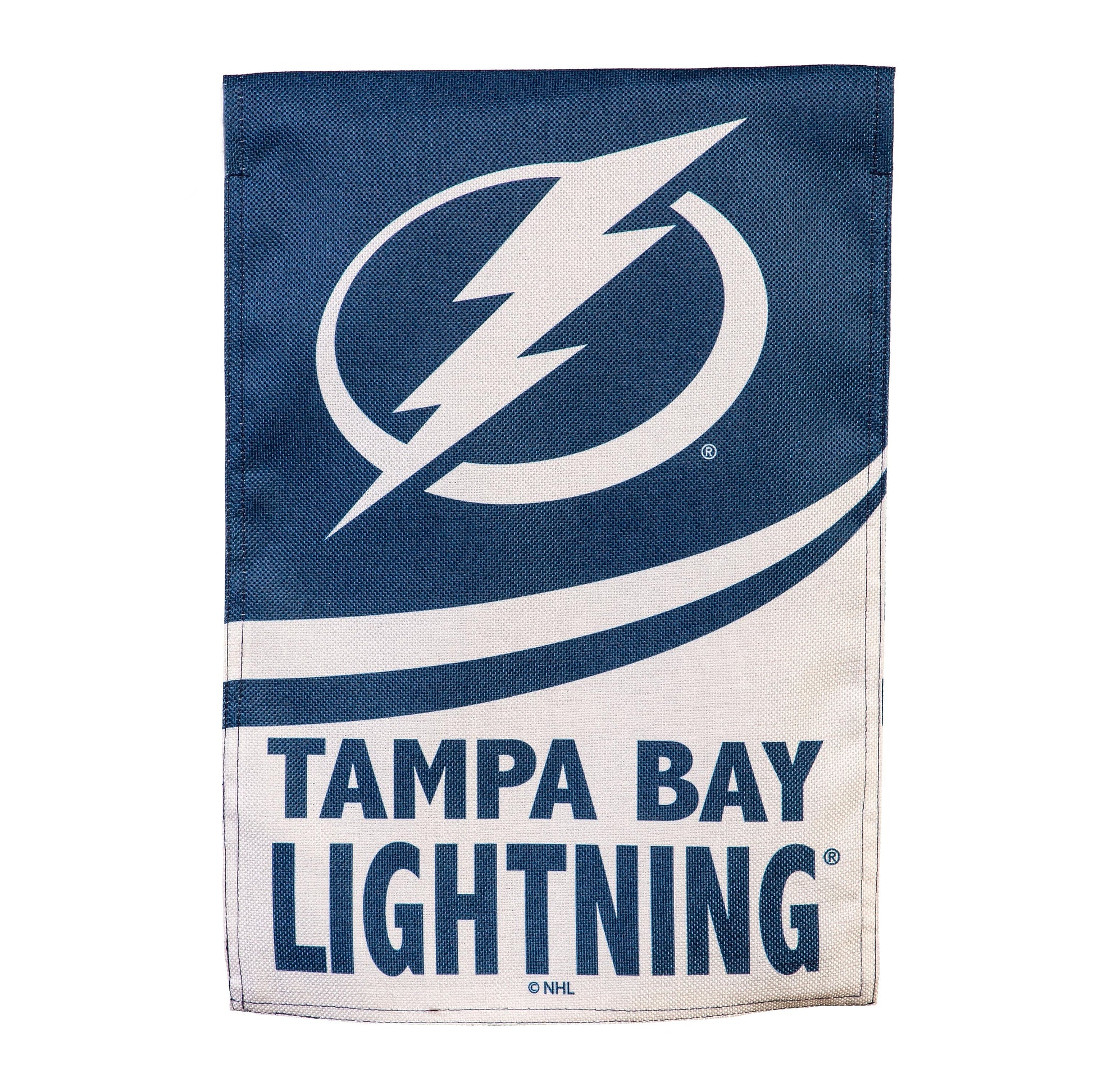 Tampa Bay Lightning burlap flag on blue burlap with white lightning bolt logo Evergreen on Tampa Home & Garden Store