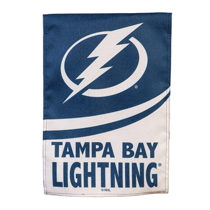 Tampa Bay Lightning burlap flag on blue burlap with white lightning bolt logo Evergreen on Tampa Home & Garden Store