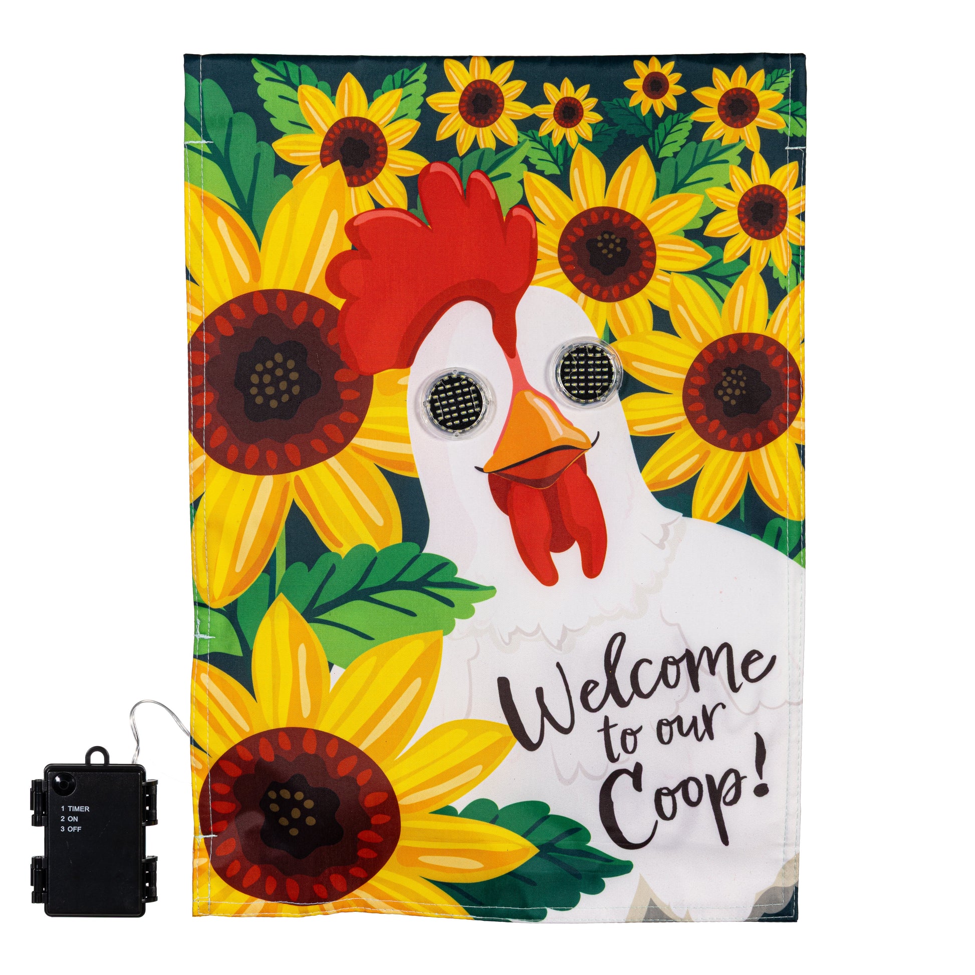 Animated Welcome To Our Coop Applique Lighted Garden Flag with sunflowers and chicken timer on Tampa Home & Garden Store