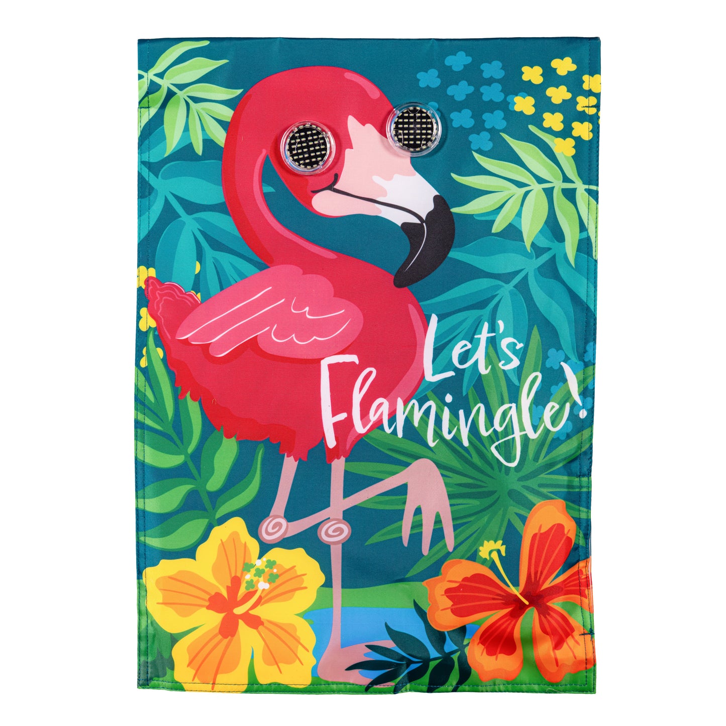 Animated Let's Flamingle Applique Lighted Garden Flag pink flamingo on teal background with LEDs on Tampa Home & Garden Store