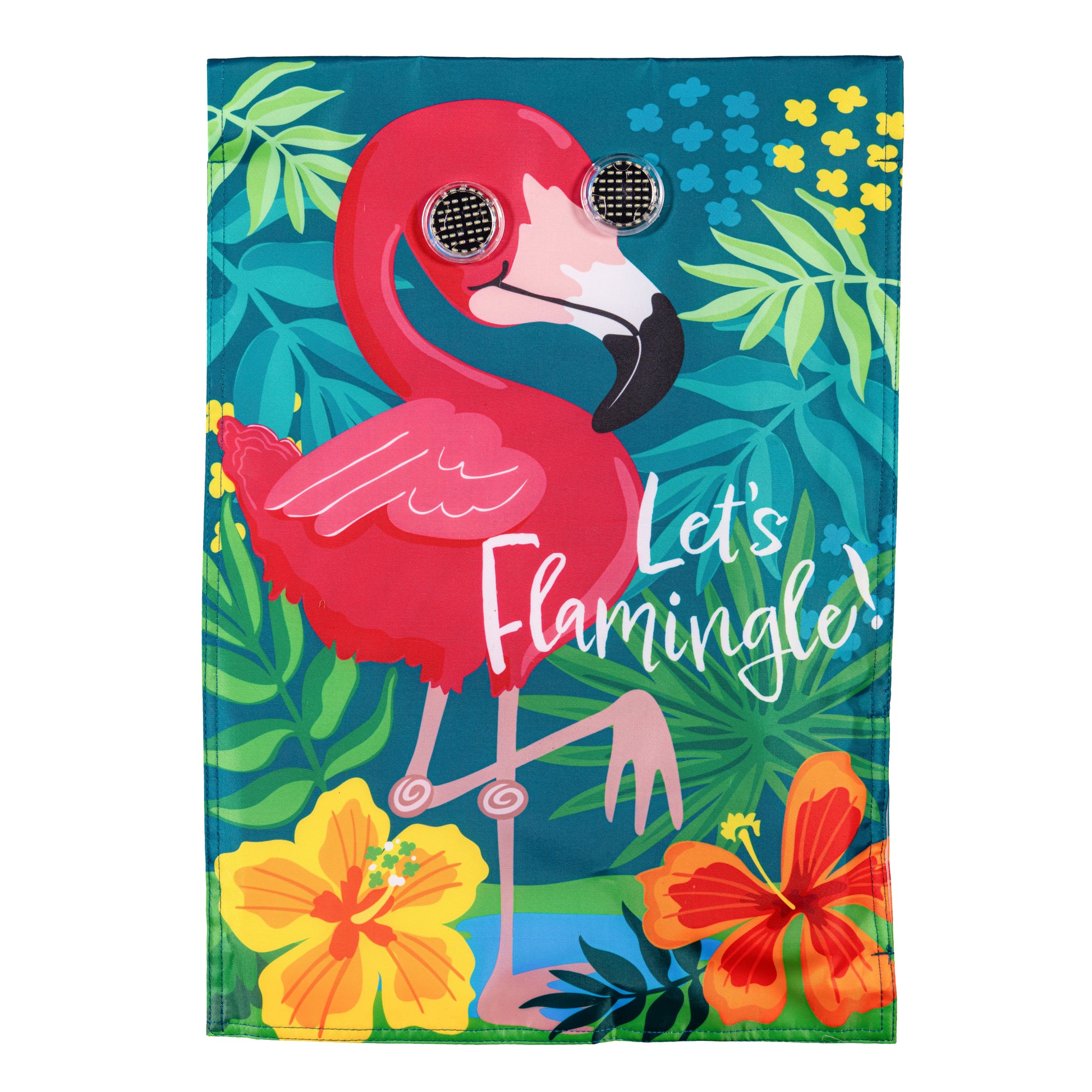 Animated Let's Flamingle Applique Lighted Garden Flag pink flamingo on teal background with LEDs on Tampa Home & Garden Store
