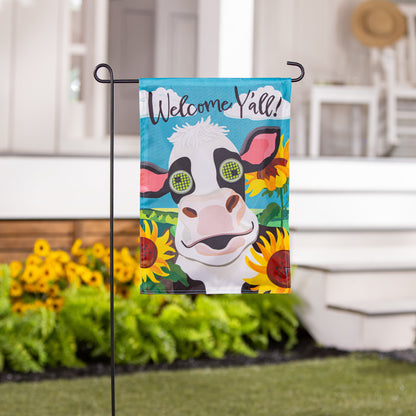 Animated Welcome Y'all Cow Applique Lighted Garden Flag on metal stand on Tampa Home & Garden Store
