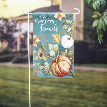 Autumn Vines Garden Suede Flag teal background with pumpkin and floral print on stake on Tampa Home & Garden Store