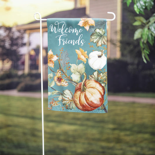Autumn Vines Garden Suede Flag teal background with pumpkin and floral print on stake on Tampa Home & Garden Store