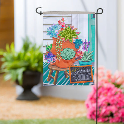 Succulent in strawberry pot applique garden flag with bright succulents in a terracotta pot on Tampa Home & Garden Store