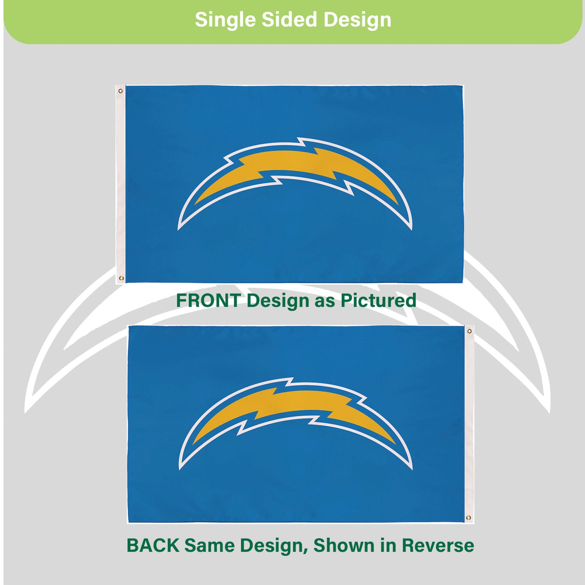 Los Angeles Chargers 3x5 sublimated estate flag, blue with yellow bolt logo, 2 grommets on Tampa Home & Garden Store