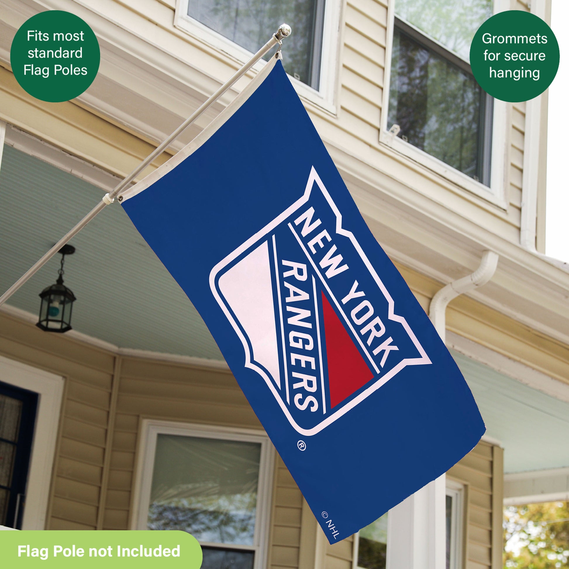 New York Rangers 3x5 ft single-sided sublimated flag with 2 grommets for flagpole hanging on Tampa Home & Garden Store