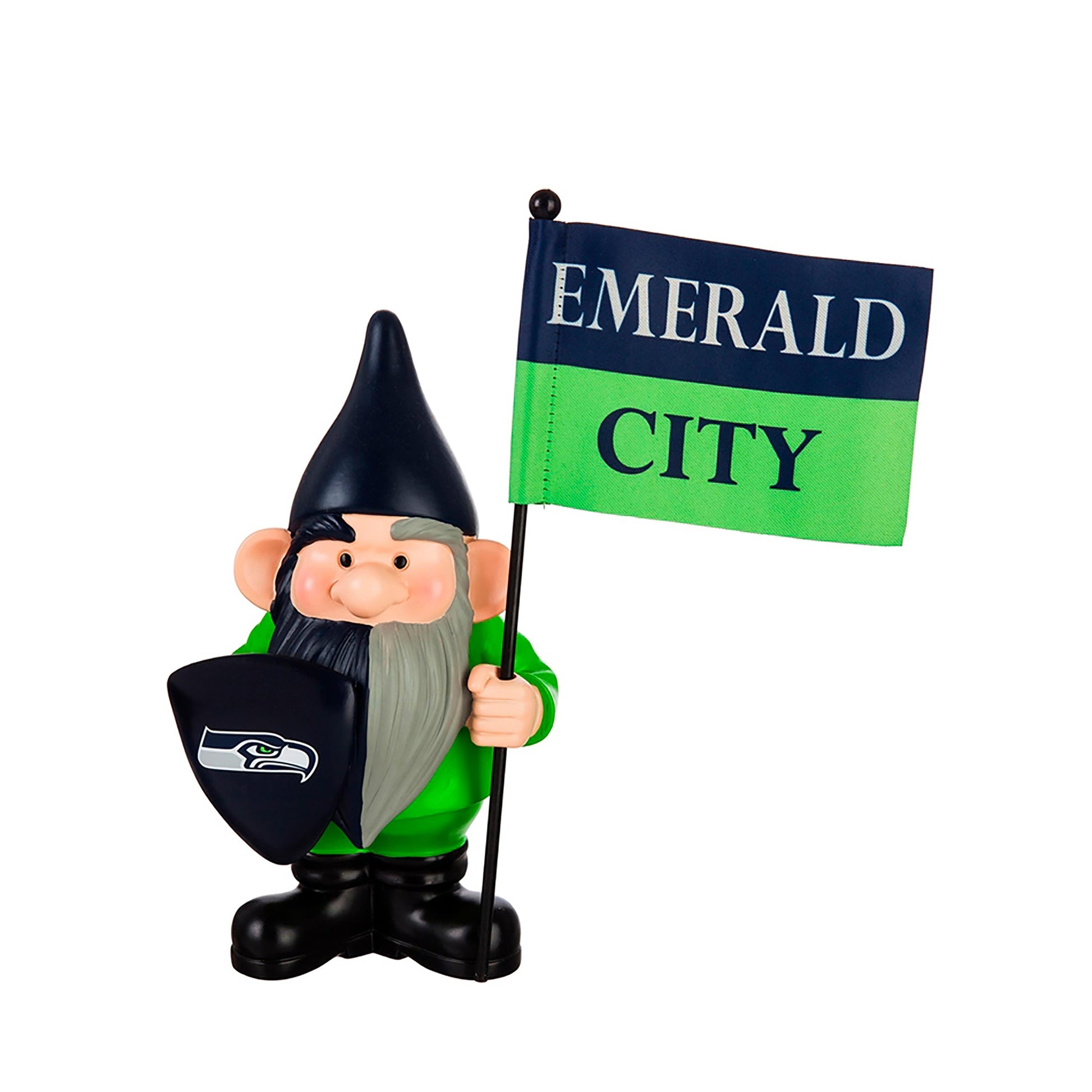 Seattle Seahawks flag holder gnome in green holding Emerald City flag with Seahawks logo bag on Tampa Home & Garden Store