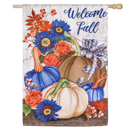 Welcome Fall Suede Flag featuring blue sunflowers and pumpkins on rustic wood on Tampa Home & Garden Store