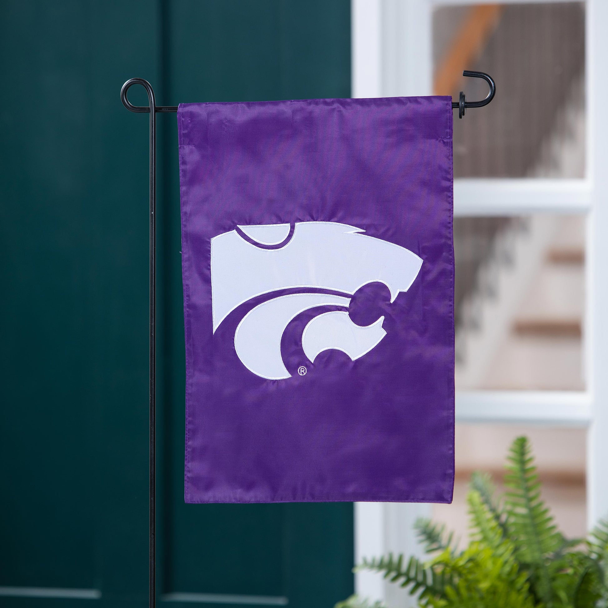 Applique Flag Kansas State University purple with white Powercat logo on metal stand Evergreen on Tampa Home & Garden Store