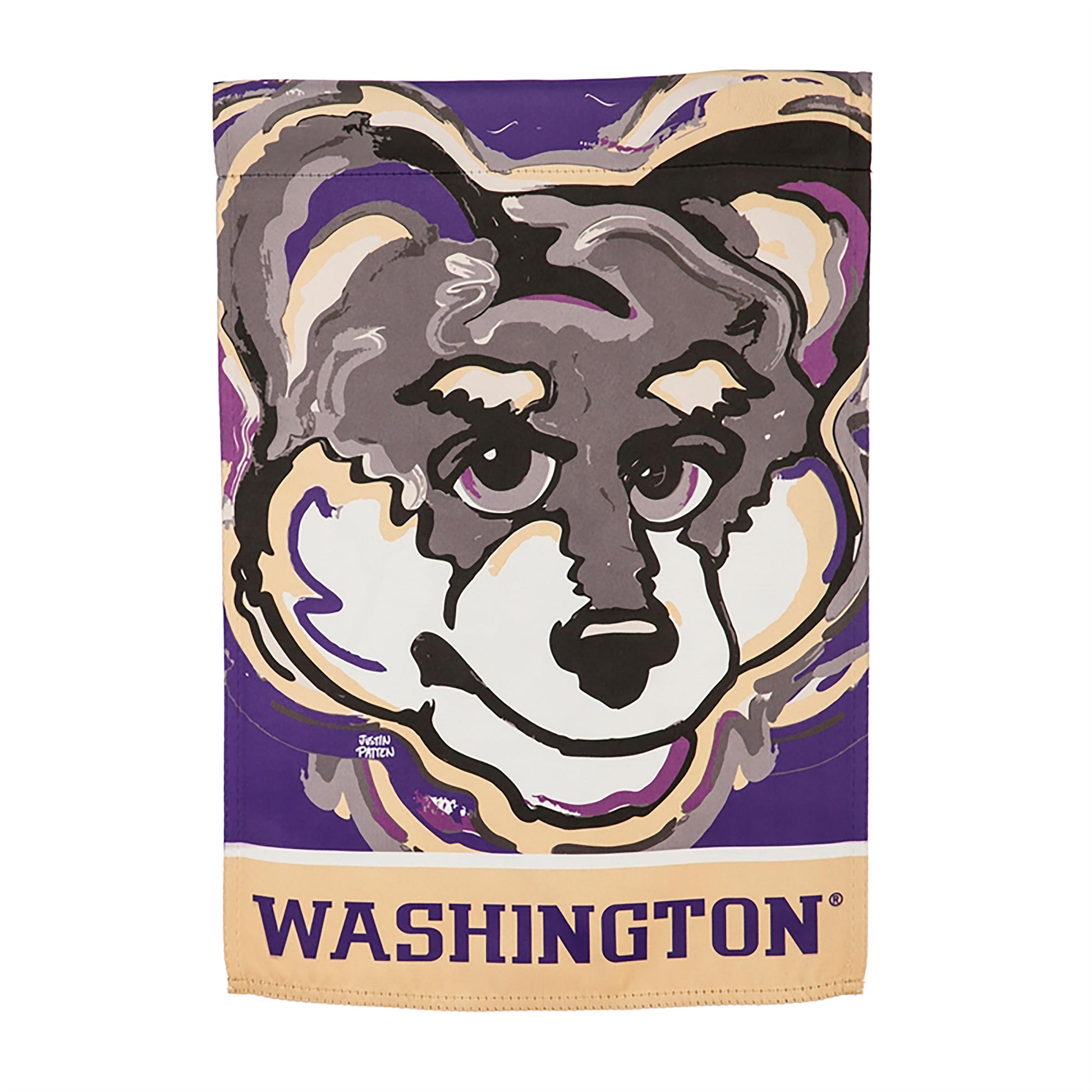 University of Washington suede flag with Husky mascot in purple gold; Patten signature on Tampa Home & Garden Store