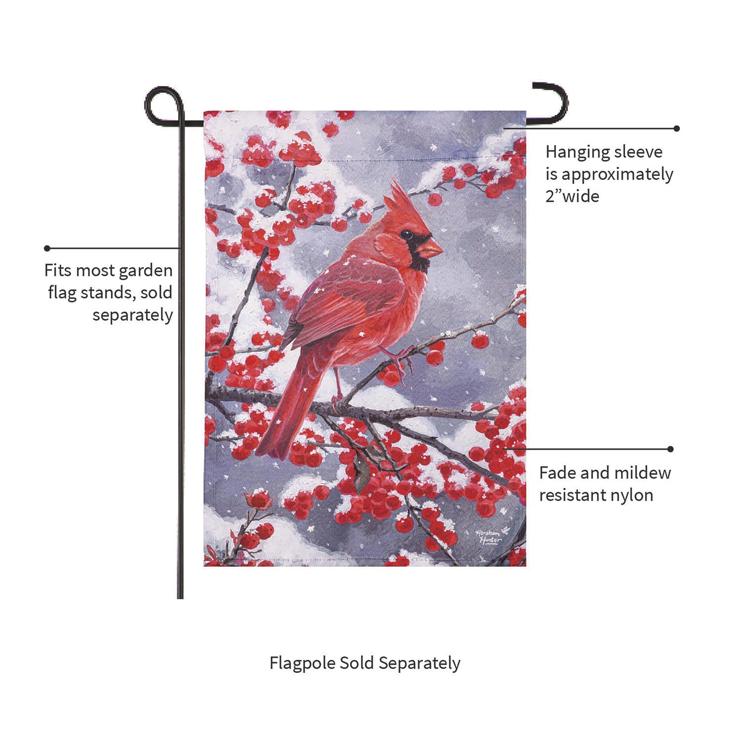 Red Cardinal Suede Garden Flag with snowy branches and red berries, 2-inch hanging sleeve on Tampa Home & Garden Store