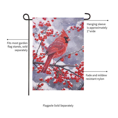 Red Cardinal Suede Garden Flag with snowy branches and red berries, 2-inch hanging sleeve on Tampa Home & Garden Store
