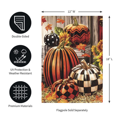 Fall Harvest Pumpkins Burlap Garden Flag featuring orange pumpkins and autumn leaves on Tampa Home & Garden Store