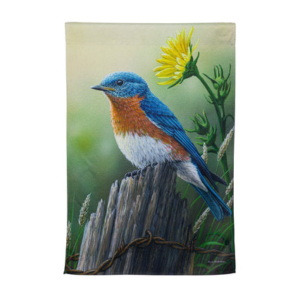 Eastern Bluebird Suede House Flag bluebird with yellow flower on suede flag by Evergreen on Tampa Home & Garden Store