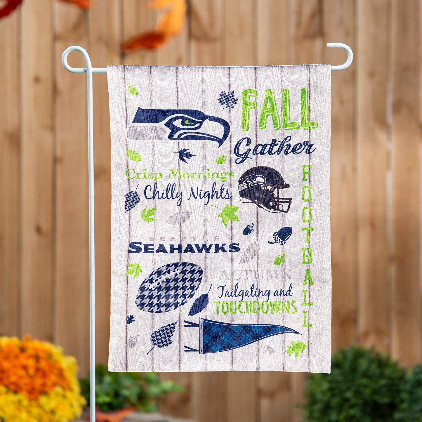 Seattle Seahawks Fall Moire Garden Flag with blue logo and neon green text on woodgrain motif on Tampa Home & Garden Store