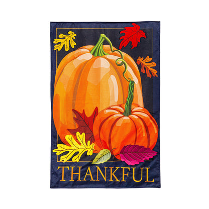 Autumn Pumpkins Estate Size Burlap Flag with orange pumpkin and leaves on navy background on Tampa Home & Garden Store