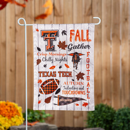 Texas Tech Moire Flag with orange and black fall graphics on gray moire fabric on a metal stand on Tampa Home & Garden Store