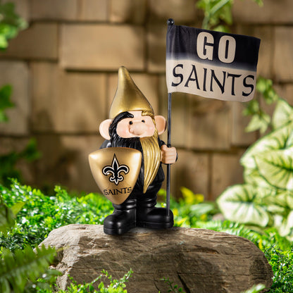 New Orleans Saints flag holder gnome statue in black and gold with fleur-de-lis shield on Tampa Home & Garden Store