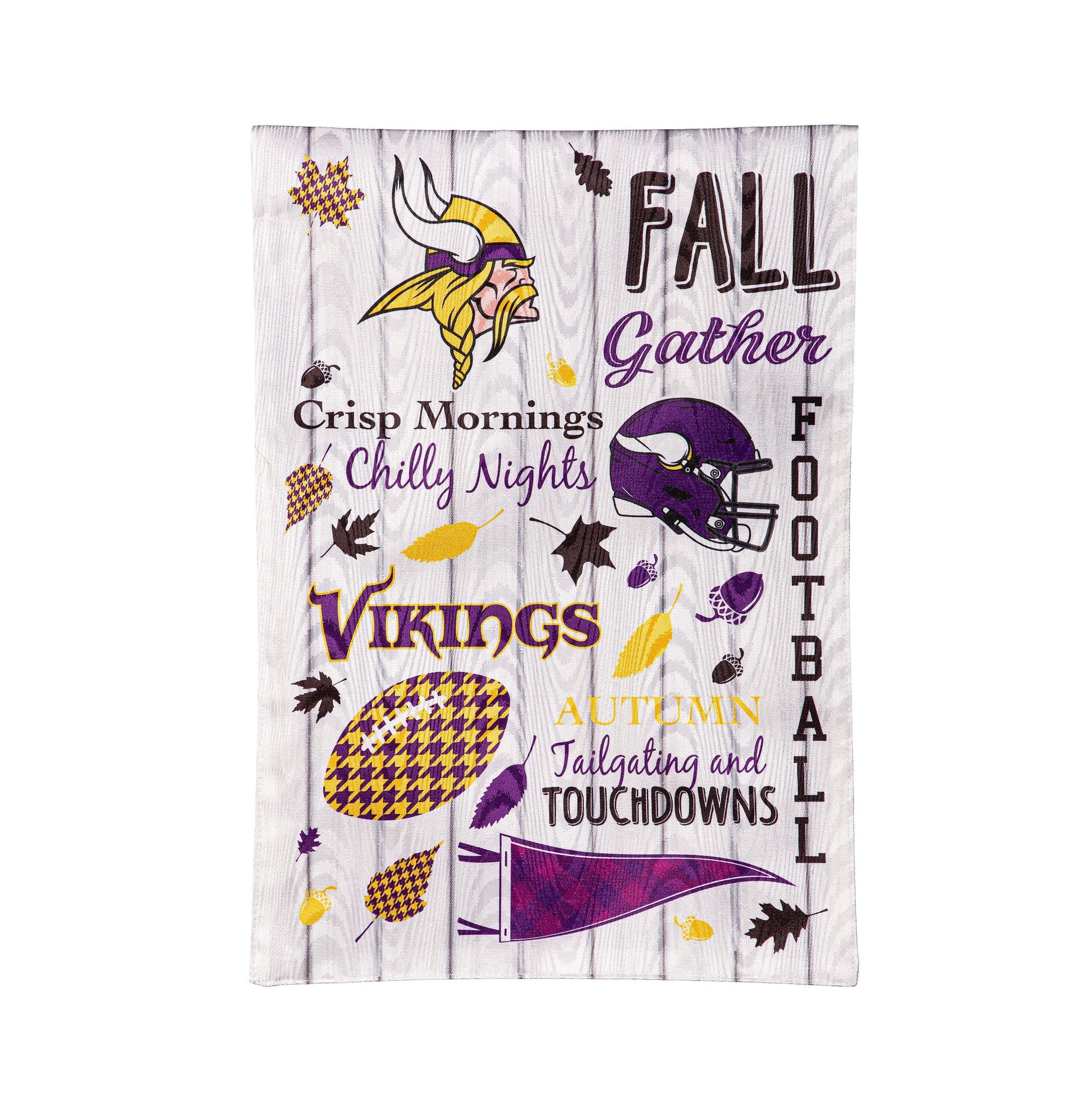 Moire Flag Minnesota Vikings with purple and gold helmet logo on wood background and fall text on Tampa Home & Garden Store