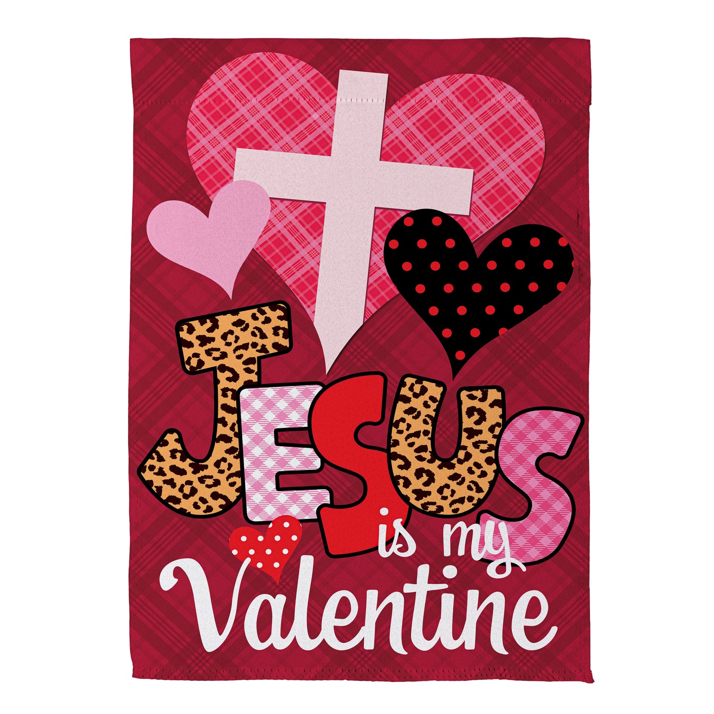 Jesus Is My Valentine Suede House Flag red plaid background with pink hearts and leopard print letters on Tampa Home & Garden Store