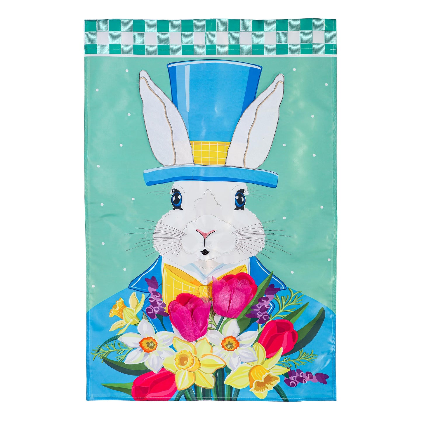 Mister Easter Bunny Applique House Flag teal background, green check border and flowers on Tampa Home & Garden Store