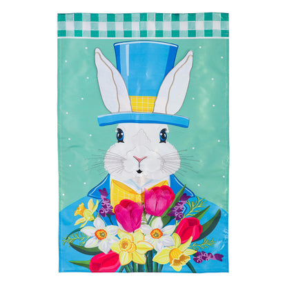 Mister Easter Bunny Applique House Flag teal background, green check border and flowers on Tampa Home & Garden Store