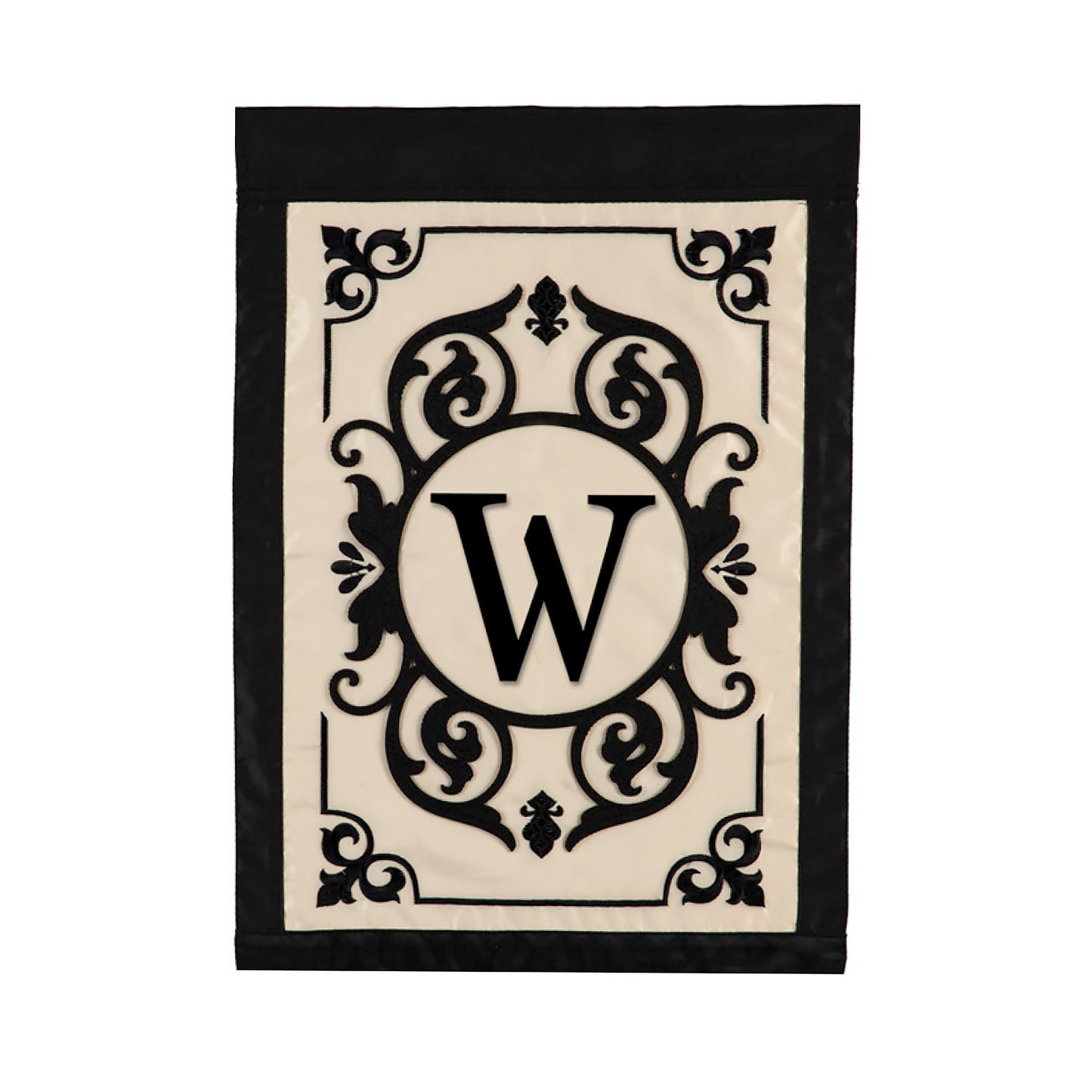 Cambridge Monogram Garden Applique Flag Letter W with beige field and black crest on Tampa Home & Garden Store