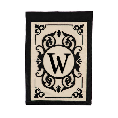 Cambridge Monogram Garden Applique Flag Letter W with beige field and black crest on Tampa Home & Garden Store