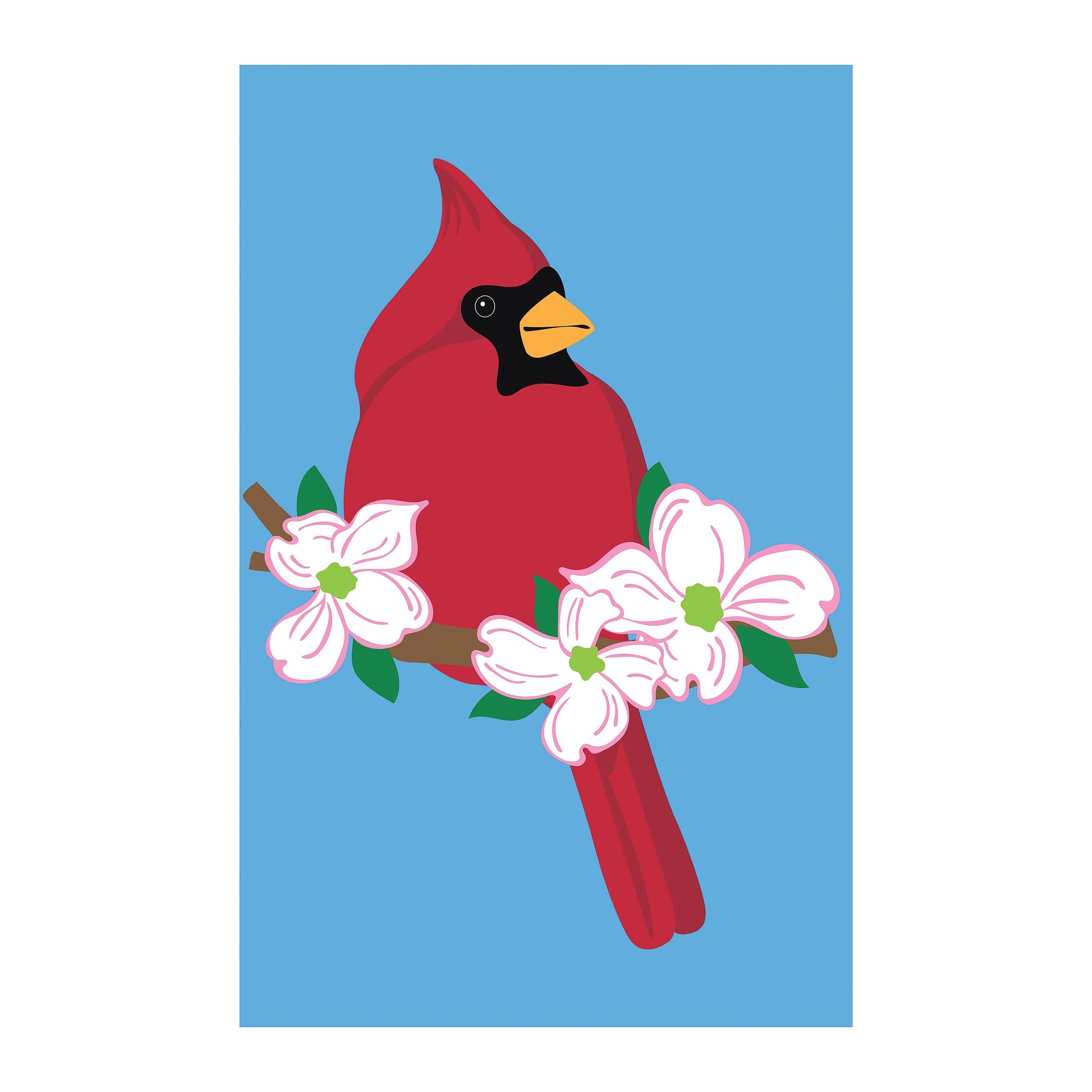 Cardinal Dogwood Applique House Flag red cardinal with pink blooms on blue background on Tampa Home & Garden Store