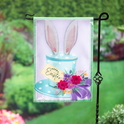 Garden flag Happy Easter Floral Hat Applique with bunny ears on lavender panel, green border on Tampa Home & Garden Store